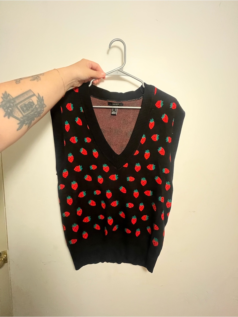 Forever 21 Black V-Neck Sweater Vest with Red Strawberry Pattern